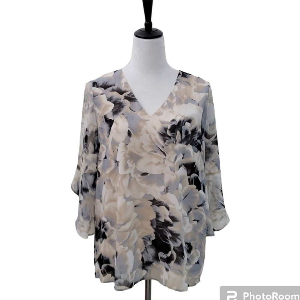 Calvin Klein Career Floral Blouse V Neck 3/4 Bell Sleeve Ivory Black Size S